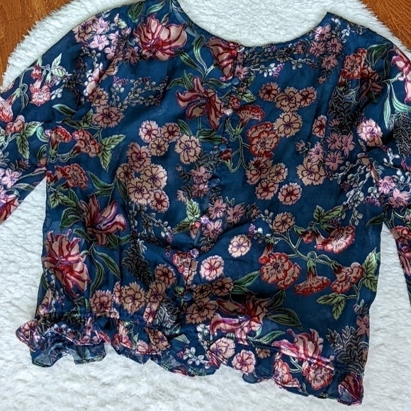 for LOVE AND LEMONS flora button back blouse floral burnout sheer blue xs - Picture 5 of 13